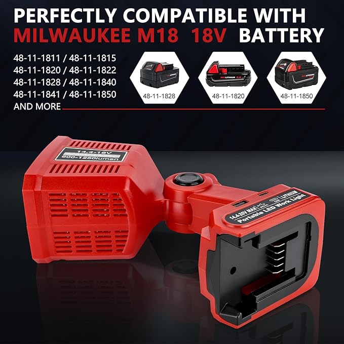 Taingwei 18V LED Flashlight for Milwaukee M18 18v Battery, 18W LED Work Light,LED Battery Light, Flood Light for Camping, Car Repairing, Emergency and Job Site Lighting（Batteries Not Included）