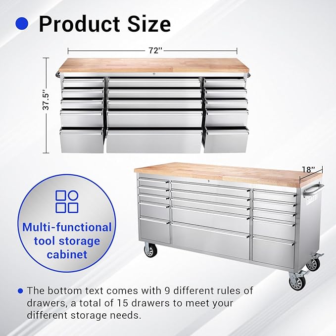 CHETTO C 72 inch Tool Chest Tool Box Mobile 15 Drawers Storage Rolling Cabinet with Wheels Lock Key Locking System Drawer Liners for Garage Warehouse Repair Shop