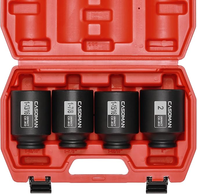 CASOMAN 4 Pieces 1/2" Dr. Deep Impact Socket Set, 1/2-Inch Drive Spindle Axle Nut Impact Socket Set, 1-13/16", 1-7/8", 1-15/16", 2", CR-MO, 6-Point, SAE