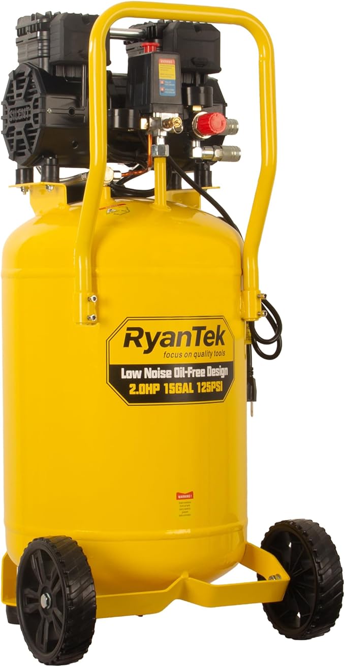 15-Gallon Air Compressor,2HP,Vertical Tank, 4.5CFM@90PSI,Quiet 66dB Twin Cylinder, Oil-Free, for Inflation, Nail Guns,Auto Repair, Painting, Woodworking and Home Use(Maximum Pressure 125 PSI)