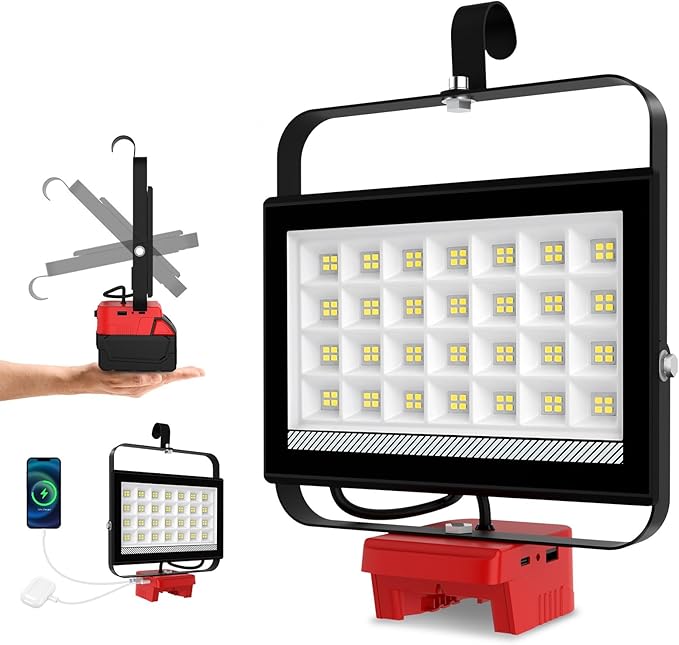 Cordless LED Work Light Compatible with Milwaukee 18V Battery, 100W 10000LM Flashlight, Flood Light Compatible with m18 Battery with USB & Type-C Charging and 140°Pivoting Head for Jobsite, Camping