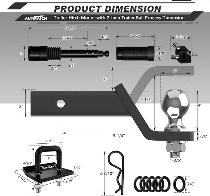 AUTMATCH Trailer Hitch Ball Mount with 2 Inch Hitch Ball - Fits 2" Receiver with Hitch Tightener, 8000Lbs Capacity Ball Hitch, 4-Inch Drop with 5/8" Hitch Lock Pin, Frosted Black