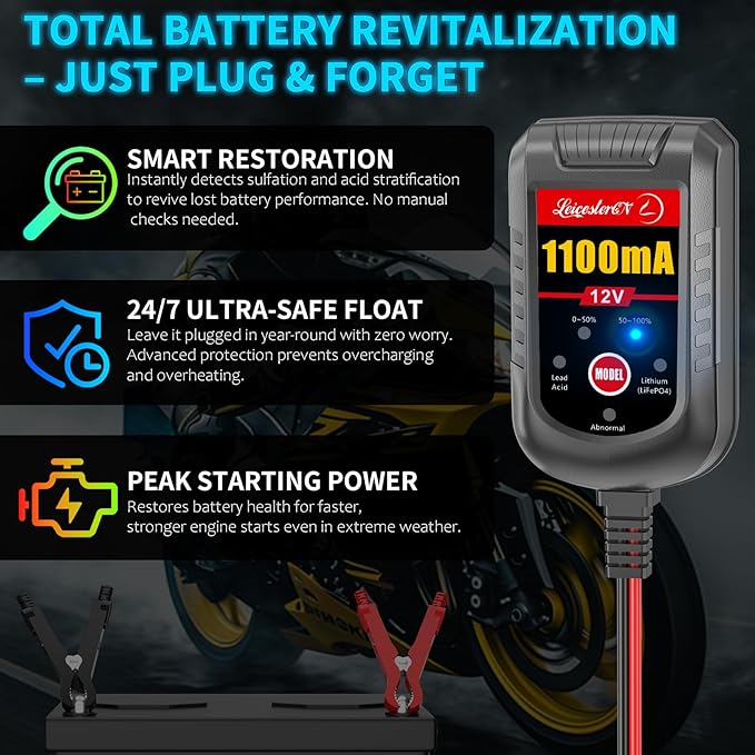 Motorcycle Battery Charger and Maintainer 12V, 1.1Amp Smart Trickle Charger - Automatic Float Charger for Cruiser Sport Bike ATV Scooter Dirt Bike Lawn Mower, LiFePO4 Lithium Lead Acid AGM Gel