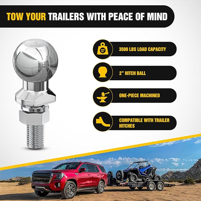 Nilight 2-Inch Diameter Chrome Trailer Hitch Ball, 3,500 lbs, 3/4 x 1-3/4-Inch Shank Universal Fit Gray