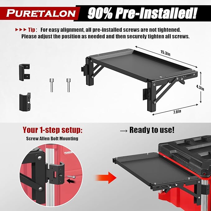 Pre-Installed Magnetic Folding Table Compatible with Milwaukee Packout Toolbox, Side Storage Tray Metal Foldable Storage Bracket for Milwaukee Packout Toolbox Accessory