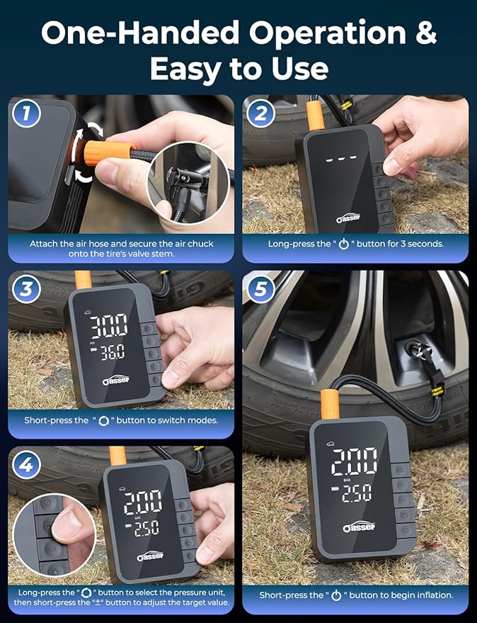 Oasser Tire Inflator Portable Air Compressor with Digital Dual Values Display 6000mAh 150PSI Type-C USB Charging&30cm Hose & Storage Bag Air Pump for Car Tires Mini Bike Pump for Auto Motor Bike Ball