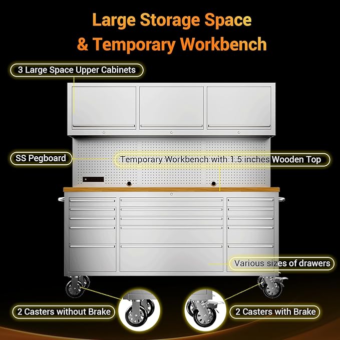 CHETTO C 72-inch Rolling Tool Chest Cabinet Mobile Workbench with 15 Storage Drawers and Wheels 3 Uper Cabinet Outlet SS Pegboard Stainless Steel Tool Box for Garage Warehouse