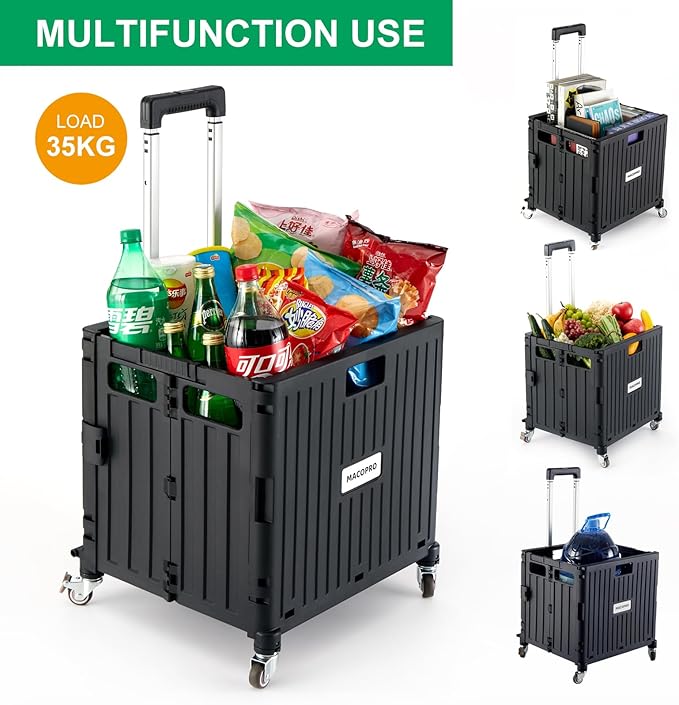 MACOPRO Folding Utility Cart Portable Rolling Crate Handcart Shopping Trolley Collapsible Tool Box, with Lid, Basket on 4 Rotate Wheels, for Grocery, Office, Luggage, Teacher (Black)