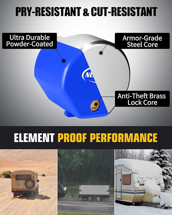 Heavy Duty Anti Theft Trailer Lock, Universal Fit 1-7/8", 2" and 2-5/16" Couplers, Reinforced Solid Steel Tow Lock for Trailer Tongue, Hitch Lock for RV, Cargo, Boat, Camper, Utility (Blue)