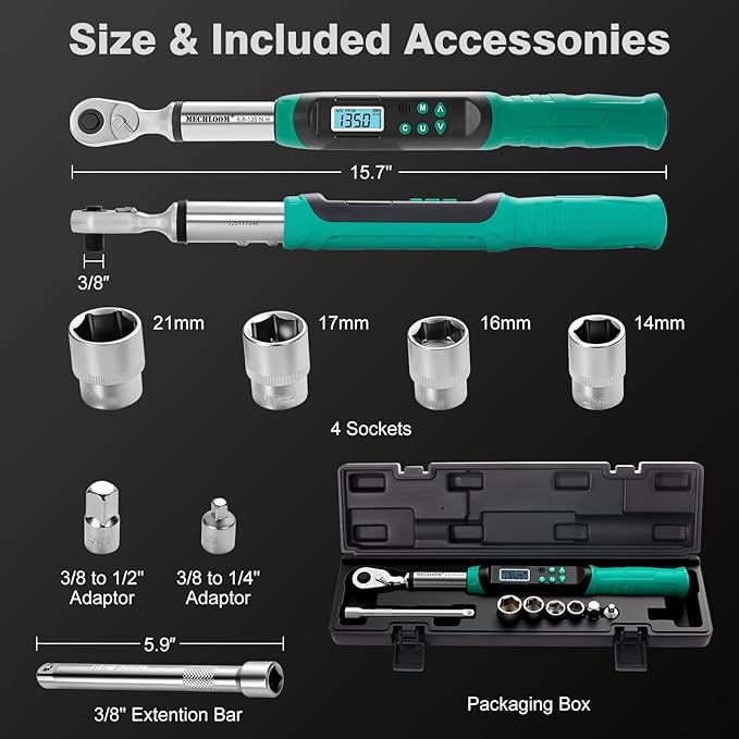 Digital Torque Wrench 3/8 Drive, 5–99.6 Ft-lbs / 6.8–135 N·m, ±2% Accuracy, Dual-Direction Ratchet, Electric Torque Wrench with Buzzer & LED Indicator for Bike, Motorcycle, Auto Repair