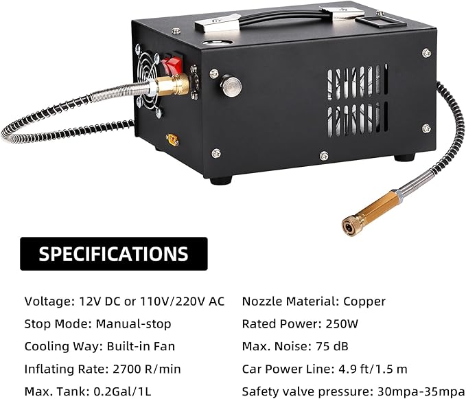 PCP Air Compressor, 4500Psi/30MPa, 12V DC/120V AC Airgun Compressor with Manual Shut-off, Built-in Filter Suitable for Airguns, Paintball Guns, High-Pressure Cylinders, Diving Tanks