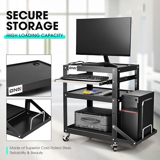 DNA Motoring Steel AV Cart 3-Layer Rolling Projector Utility Cart, 24" X 18" X 20" - 30.5" Height Adjustable, with Wheels, Pullout Keyboard Tray, Power Strip, Cord Management, TOOLS-00495