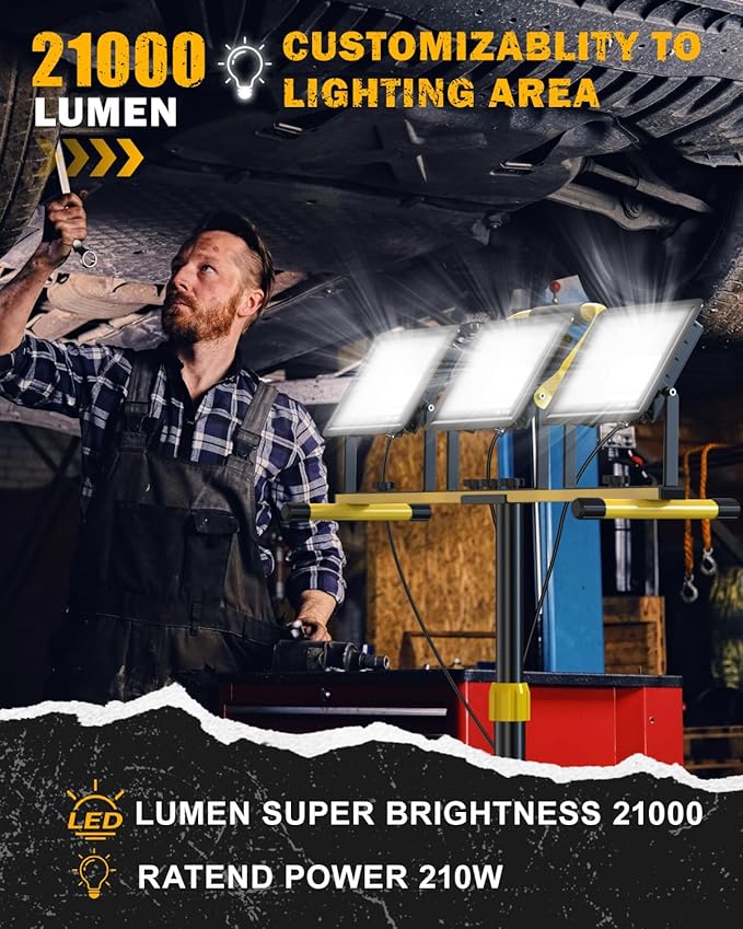 Upgraded LED Work Lights with Stand, 21000 Lumen 3-Head Adjustable Work Light, IP66 Waterproof Construction Tripod Light, Foldable & Portable Work Lights for Garage, Job Site, Outdoor Use