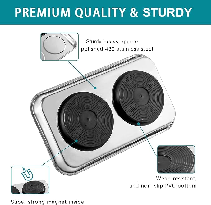 5 Pieces Magnetic Trays Set Stainless Steel Magnet Tool Tray Parts Holder for Screws, Sockets, Bolts, Pins, Mechanic's and Automotive
