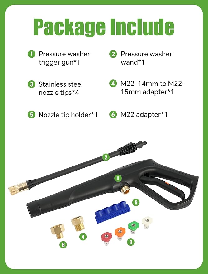 Pressure Washer Gun Set, Max W.P. 2320PSI, B.P. 5000PSI, Replacement for Ryobi Powerstroke Greenworks, M22-14mm & M22-15mm Fitting, 4 Stainless Steel Nozzle Tips & Holder