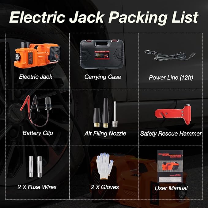 Electric Car Jack Kit with Hydraulic Lift 5-Ton, Tire Inflator Heavy-Duty 12V Floor Jack for Sedans,SUVs,MPVs & Trucks.Ideal for Tire Changes & Garage Repairs (Without Wrench)