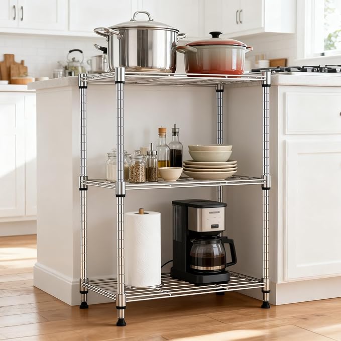 M MZG 450 lbs Wire Storage Shelving 3-Tier Utility Shelving Unit Steel Organizer Wire Rack for Home,Kitchen,Office,Chrome(11.8" D x 17.7" W x 26.4" H)
