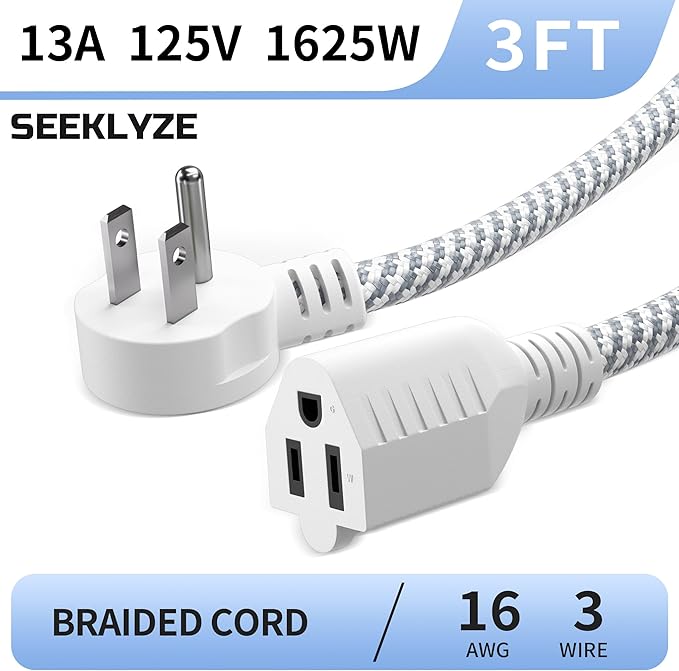 16 Gauge Braided Extension Cord 3 FT, 16/3 Flat Plug Power Cord Indoor, 3 Prong White Extension Cable Flexible for Home Dorm Room Essentials, 13A 125V 1625W, ETL Listed
