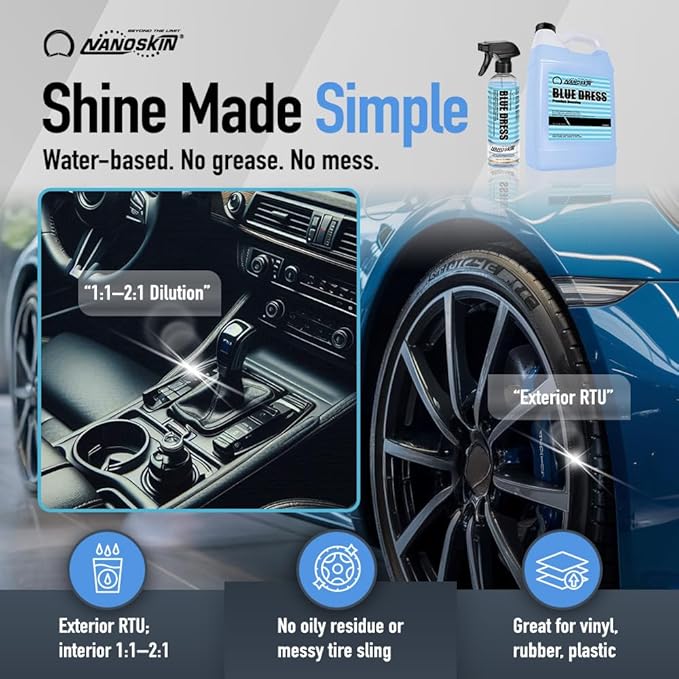 Nanoskin BLUE DRESS Premium Dressing 16 Oz. - Sprayable Interior & Exterior Dressing for Car Detailing | Works on Tire, Vinyl, Rubber, Plastic & Trim | Safe for Cars, Trucks, Motorcycles, RVs & More