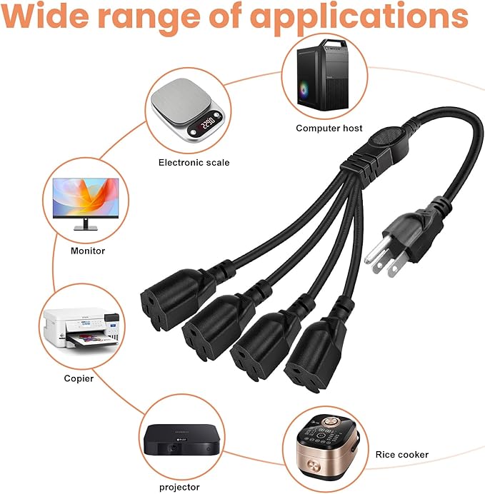 3 Prong Outlet Splitter Extension Cord,1-to-4 Indoor Outdoor Extension Cord,20 inch Y-Type Power Splitter,SJT 16AWG,UL Approved for Home Office Appliance,LED Stage Lights and Electronics(Black)