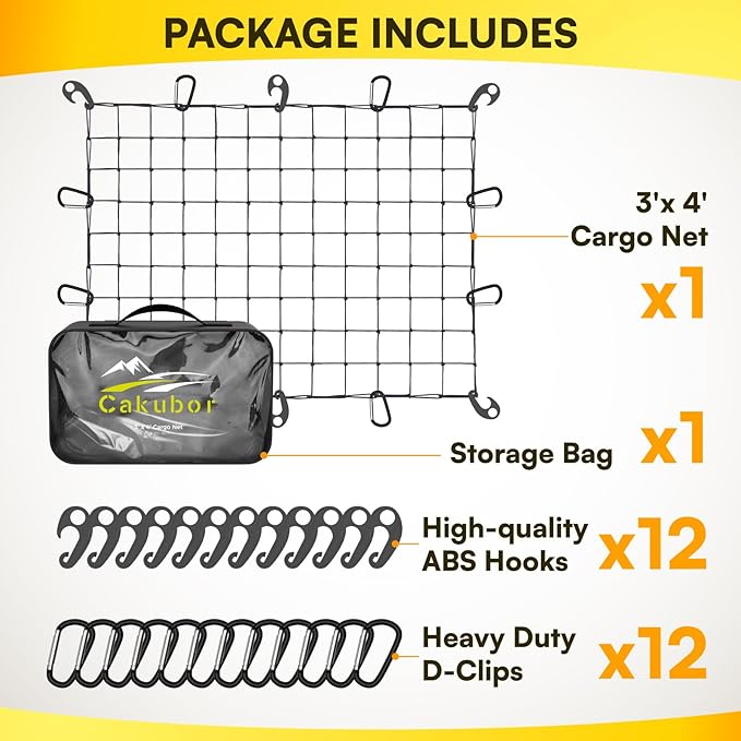 Heavy Duty 3'x4' Cargo Net - Stretches to 8'x10', 24 Clips, for Pickup Truck Bed, SUV, Trailer & Boat - Universal Fit for Ford, Chevy, Dodge Ram, Toyota