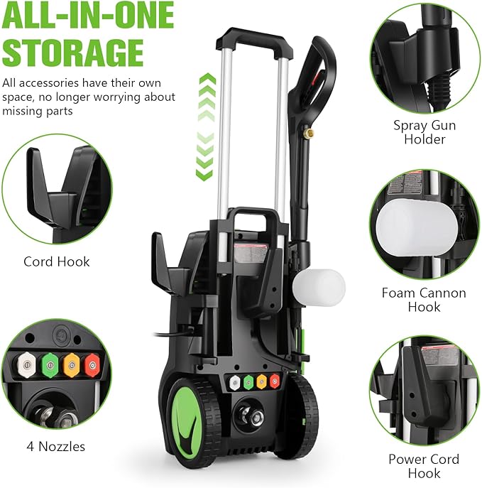5000PSI 4.0GPM Heavy Duty Electric Pressure Washer with 33 FT Extension Hose, 4 Quick Connect Nozzles and Foam Cannon for Cars/Fences/Driveways/Patios/Home Cleaning, Green