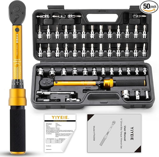 50Pcs Master Bike Torque Wrench Set, 1/4 Inch Drive, 10-230 IN.LB (1-26.0 Nm), Inch Pound Click Torque Wrench with Bit Sockets, 0.1 Nm Micro, 3/8 Adapter, Pro Bicycle Tool Kit for MTB