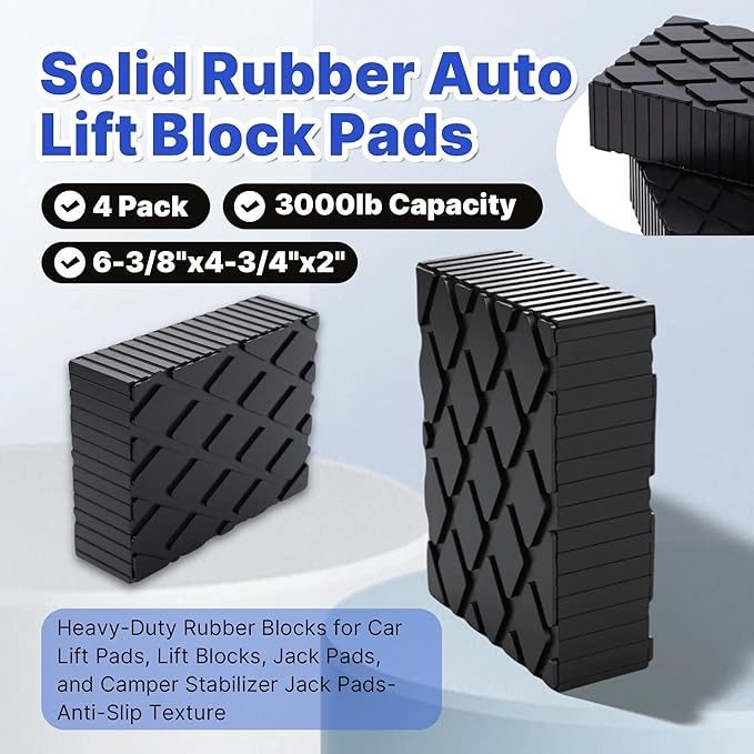 4 Pack 6-3/8" x 4-3/4" x 2" Solid Rubber Auto Lift Block Pads, Heavy-Duty Rubber Blocks for Car Lift Pads, Lift Blocks, Camper Stabilizer Jack Pads-Anti-Slip Texture,3000lb Capacity