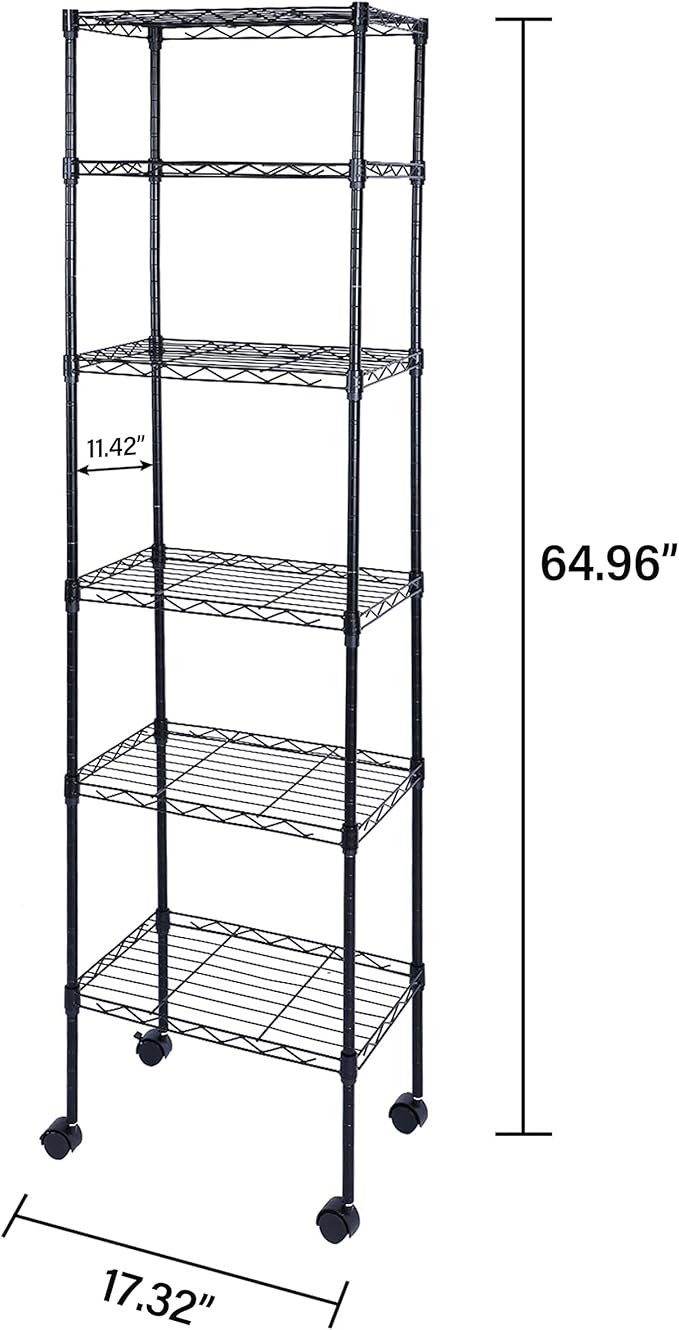 YSSOA Heavy Duty 6-Tier Storage Shelves, 17'' D x 11'' W x 63'' H Adjustable Shelving Unit with Wheels and Hanging Hooks, Black
