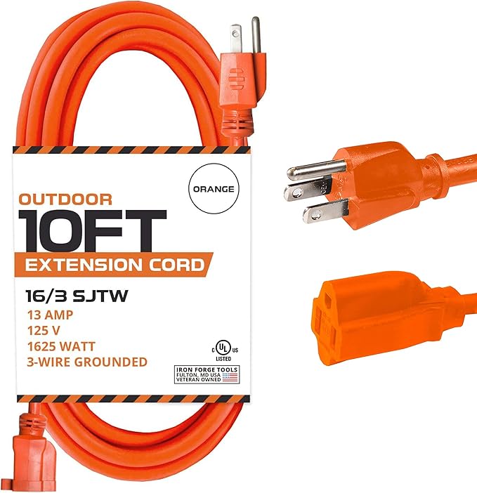 Iron Forge Cable Weatherproof 10 Ft Outdoor Extension Cord - 16/3 SJTW 13 Amp Heavy Duty Highly Visible Orange Extension Cord 3 Prong - Lighted End