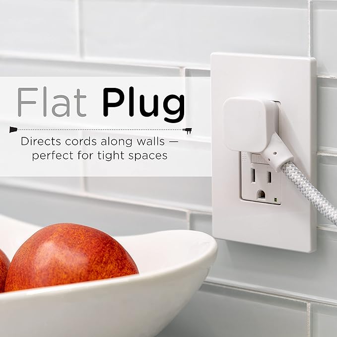 Cordinate Designer Mini 3-Outlet Power Strip, 18 in Braided Extension Cord, Grounded Adapter, Low-Profile Flat Plug, ETL Listed, White/Gray, 47297