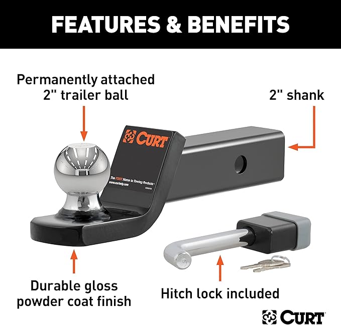 CURT 45141 Trailer Hitch Mount, 2-Inch Ball, Lock, Fits 2-In Receiver, 7,500 lbs, 2" Drop