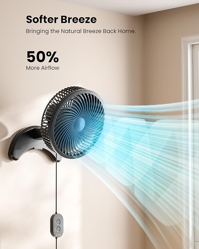 Koonie 8'' Wall Mount Fan, Quiet Small Wall Fan with Timer, 8.2ft Wired Remote, 80° Oscillation, 100° Adjustable, 3 Speeds High Velocity for RV Bedroom Kitchen Office Garage(Adapter Included)