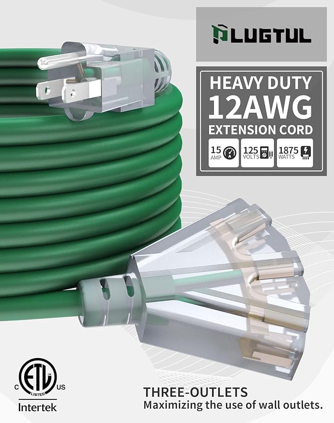 6Ft 12/3 Outdoor Extension Cord with 3-Outlets, Heavy Duty 12 Gauge 3 Prong Extension Cord Waterproof with Lighted end, 15A 12AWG 1875W SJTW, ETL Listed - Great for Garage, Garden and Home, Green
