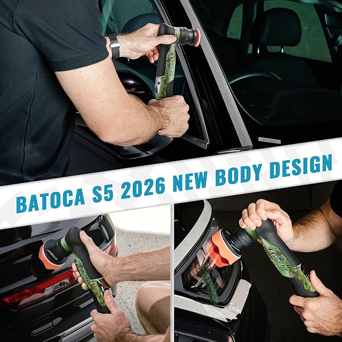 BATOCA S5 Cordless Mini Car Polisher Buffer DA Dual Action Rotary Polishing Machine Small Orbital Sander for Car Detailing Polish 1/2/3inch Polishing Pads Kit with 2x 12V Battery 6 Speeds 2000-5500RPM