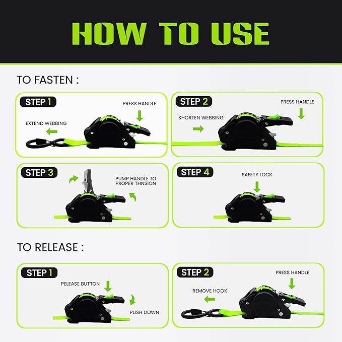 Retractable Ratchet Straps (4-Pack) - Heavy Duty Auto Slow Retraction Tie Down Straps - 1 Inch x 13 Feet (1,800lb Break Strength) for Truck, Cargo Trailer, Motorcycle, ATV, UTV - Green