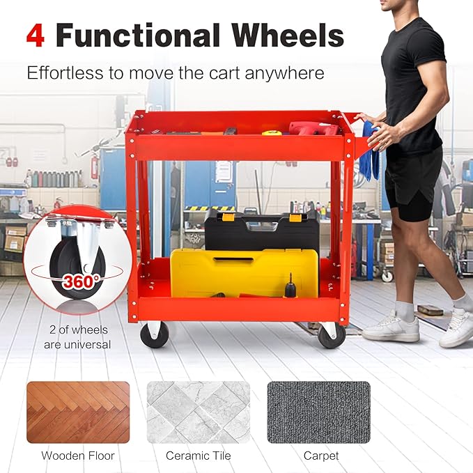 Goplus 2-Tier Utility Cart, Heavy Duty Commercial Service Tool Cart w/Handle, 220 lbs Max Support, Rolling Mechanic Metal Tool Cart Storage Organizer for Home, Garage, Warehouse