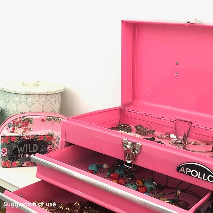 Apollo Tools 14 Inch Steel Tool Box with Deep Top Compartment and 2 Drawers in Heavy-Duty Steel With Ball Bearing Opening and Powder Coated Finish - Pink Ribbon - Pink - DT5010P