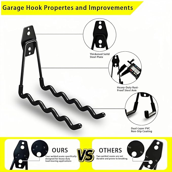 4 Pack Garage Hooks Heavy Duty with Anti-Slip Coating, Steel Utility Wave Hooks for Hanging Ropes, Bikes, Garden Tools, Hoses and More (Black)