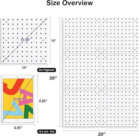 6Pcs Peg Board, Pegboard Wall Organizer Panels, White Pegboard Wall Mount, ABS Pegboard for Craft Room Garage Kitchen Workshop Garage, ABS Peg Boards Easy Installation (White)