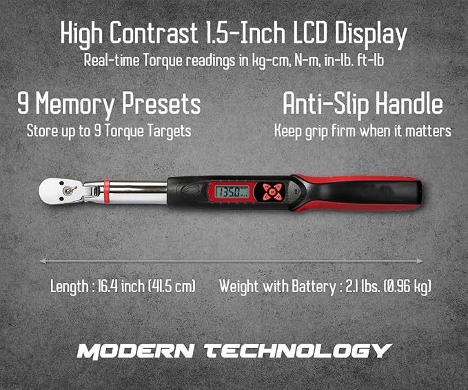 Tapha Tools 3/8 inch Flex-Head Digital Torque Wrench, 5-99.5 ft-lbs (6.8-135 N-m) Torque Range ±2% Accuracy, LED and Buzzer, Preset Memory, ISO 6789 Tested and Calibrated (DKF3N-T135BN)