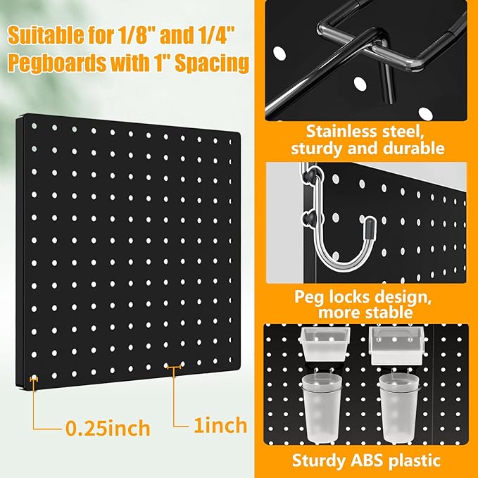 FZK Peg Board, 74PCS Metal Pegboard Wall Organizer Kit. Heavy Duty Pegboard, Peg Boards, Pegboard for Walls, Black Pegboard for Garage Craft Room Workbench Office Kitchen Tool Organization, 24 * 24