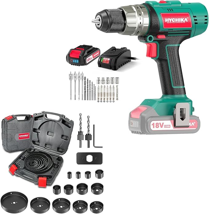 HYCHIKA 18V Cordless Hammer Drill Driver, Hole Saw Kit 3/4"-6"(19-152mm), Tool Combo Kit