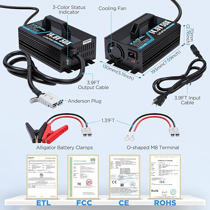 12V 50A Lithium Battery Charger 14.6V 50A Fast LiFePO4 Charger 0V Wake Up 12 Volt Lithium Charger with 8 Protection & 3 Connectors for 12.8V LiFePO4 Battery of RV, Marine, Boat, Solar, Trolling Motor