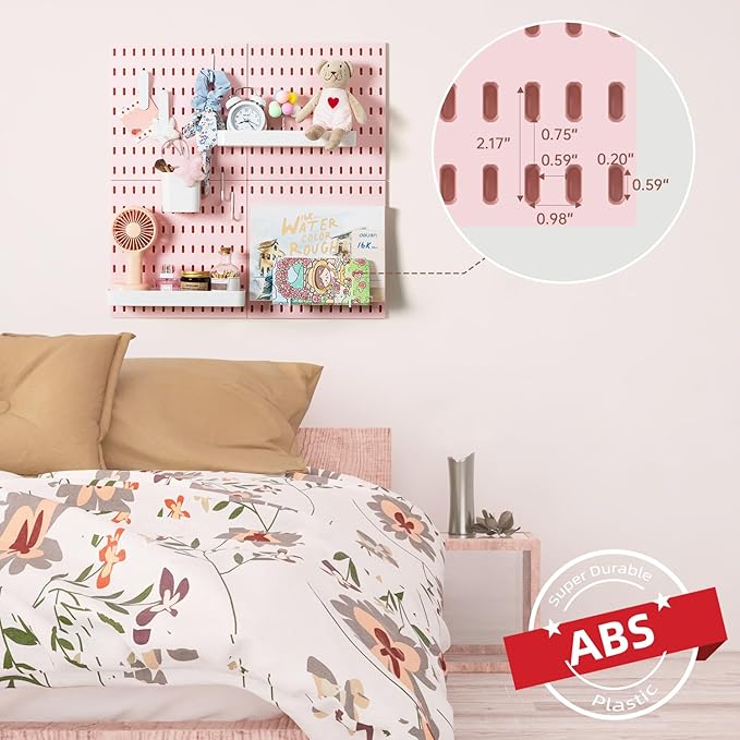 VUSIGN Pegboard Combination Wall Organizer Kit, 4 Pieces Pegboards and 17 Accessories Modular Hanging, Wall Mount Display Peg Board Panel Kits for Bedroom, Home, Office, Bathroom, 22" x 22", Pink