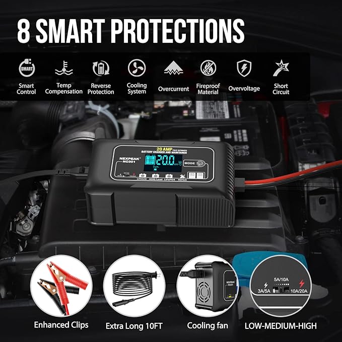NEXPEAK NC301 20-Amp Car Battery Charger, 12V and 24V Smart Fully Automatic LiFePO4 Battery Charger Maintainer Trickle Charger w/Temp Compensation for Car Truck Boat Lead Acid Batteries