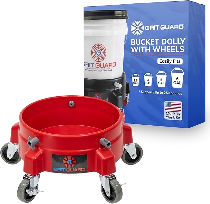 Grit Guard Bucket Dolly with Wheels - Rolling Detailing Wash Bucket with 5 Wheels and 2 Locking Casters Compatible with 2.5, 4, 5 and 6 Gallon Buckets (Red, 3" Grey Casters)