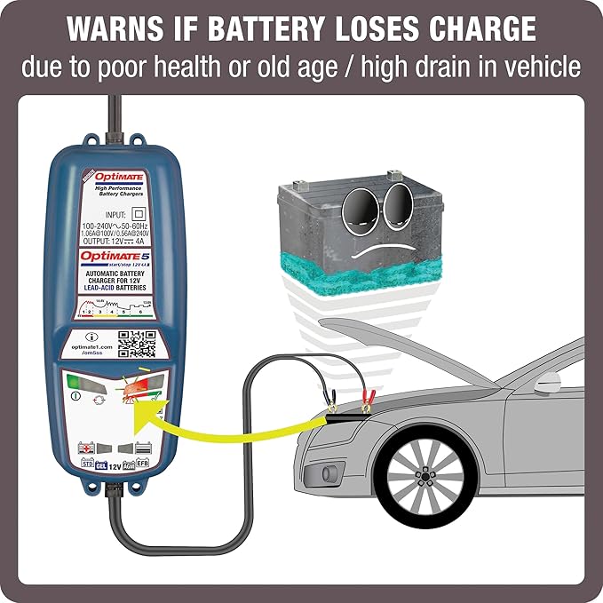 Tecmate Optimate 5 Start/Stop, TM-221-4A, 6-Step 12V 4A Battery Saving Charger-Tester-maintainer