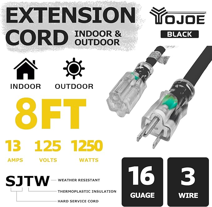 YOJOE Indoor Outdoor Extension Cord with Lighted End, 3 Prong 13A Weatherproof Power Cord, 16 Gauge Heavy Duty 8 ft Black Extension Cord for Garage, Garden and Home, 16/3 SJTW UL Listed
