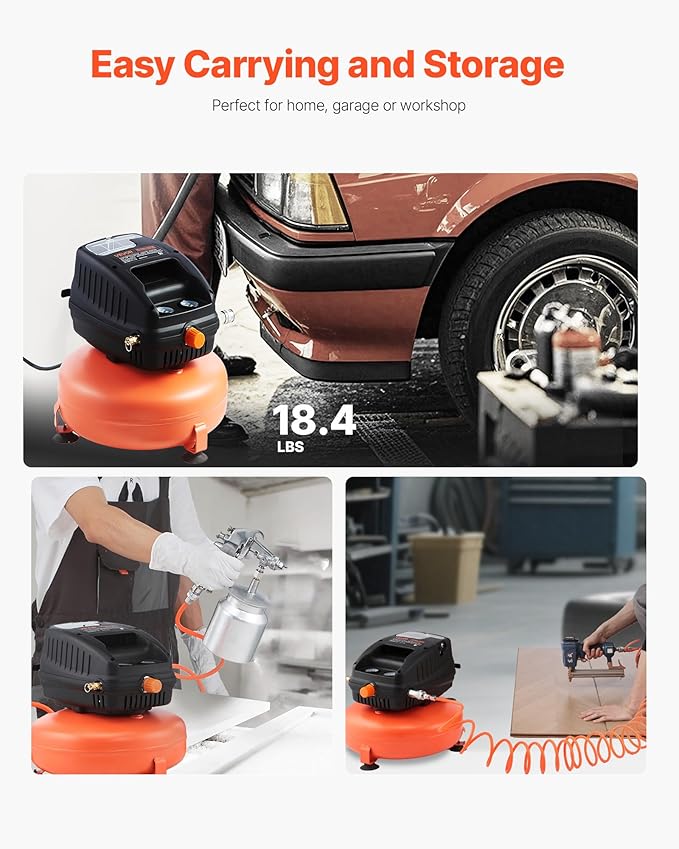 VEVOR 3 Gallon Air Compressor, 1/3HP 0.54CFM @ 90PSI Portable Pancake Air Compressor & 100PSI Max Working Pressure, Oil-Free Compressor Tank for Tire Inflation, Spray Painting, Woodwork Nailing, 120V